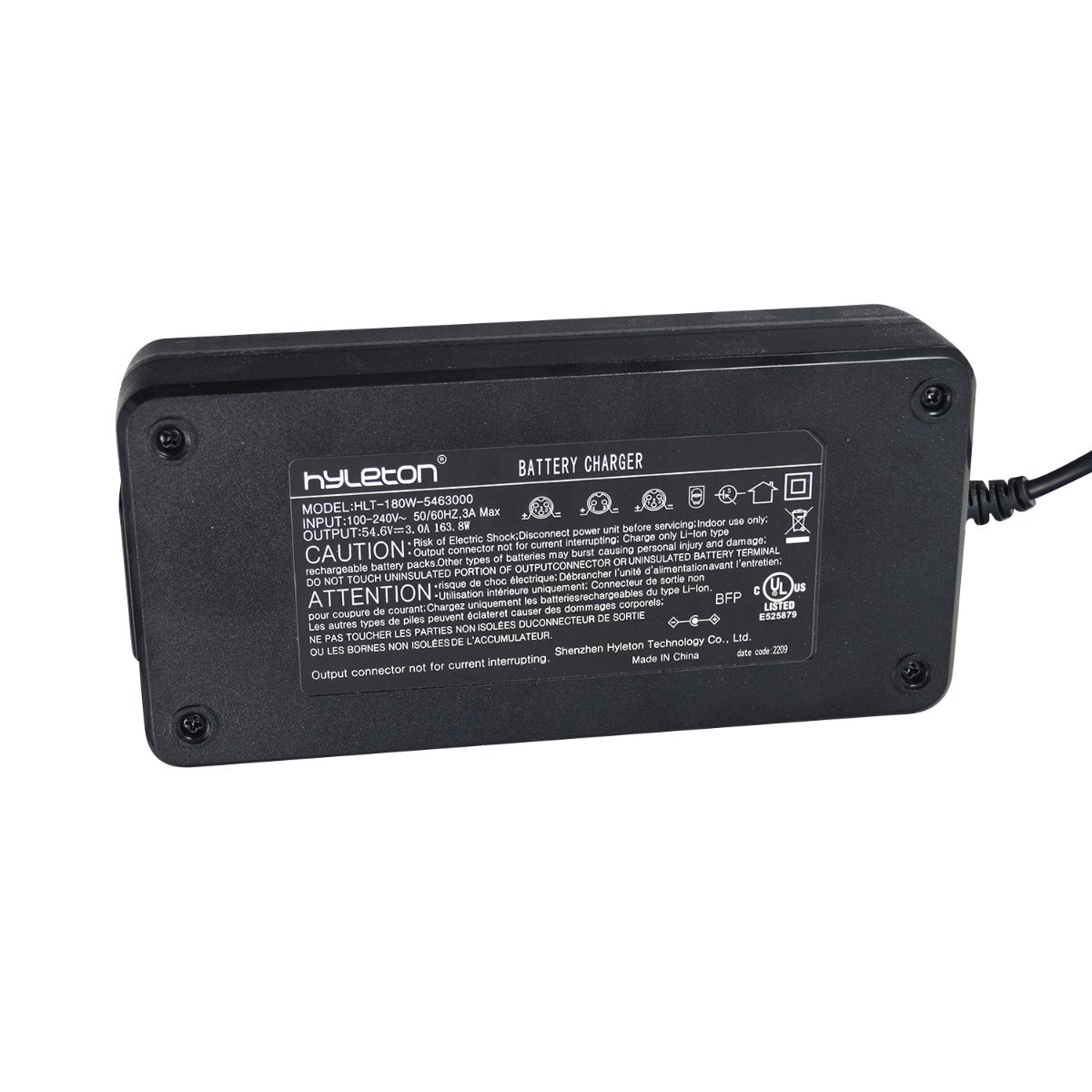 54.6 Volt 3 Amp Lithium XLR Battery Charger for Electric Bicycles, featuring a black rectangular body with attached cord and a visible LED charging indicator light on top.