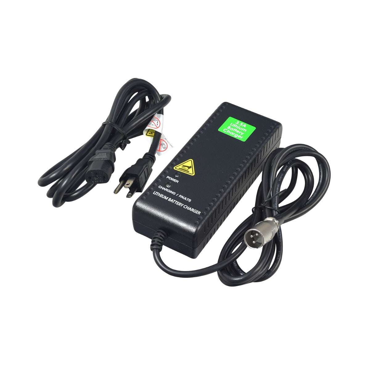 24 Volt 3.5 Amp Lithium Charger for Go-Go Endurance Li (S54LXLIT) & Pride i-Go Scooters, featuring a 3-pin XLR connector and attached black power cord with warning label.