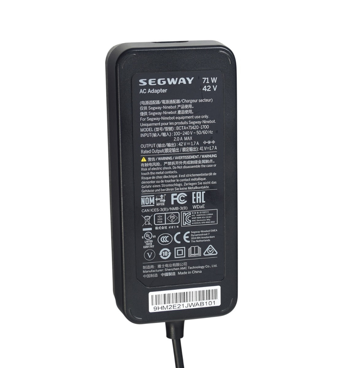 42 Volt Charger for the Ninebot by Segway ES2 Electric Scooter (Original); black rectangular power supply with white text, featuring a coaxial barrel plug and a visible barcode on the side.