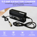 24 Volt 5.0 Amp XLR HP8204B Battery Charger with visible power supply, attached wires, and a connector, designed for mobility scooters and power chairs, featuring LED indicators and a dual voltage switch.