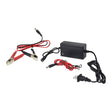 12 Volt 1.5 Amp Maintainer Battery Trickle Charger for Scooters, ATVs, & Dirt Bikes, featuring a black power supply with red cables and a quick disconnect connector.