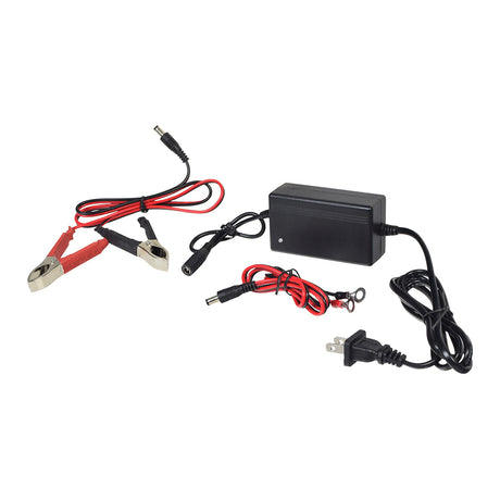 12 Volt 1.5 Amp Maintainer Battery Trickle Charger for Scooters, ATVs, & Dirt Bikes, featuring a black power supply with red cables and a quick disconnect connector.