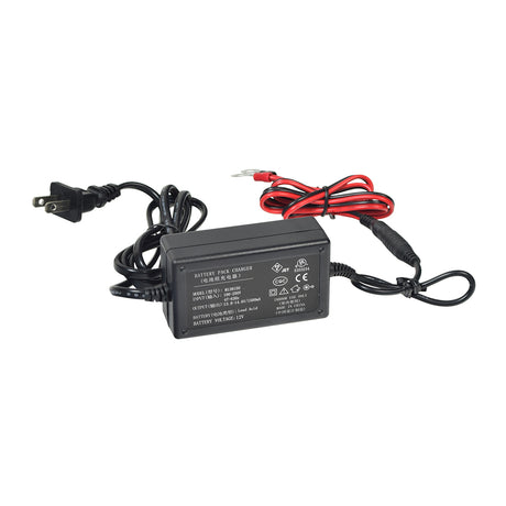 12 Volt 1.5 Amp Maintainer Battery Trickle Charger for Scooters, ATVs, & Dirt Bikes, featuring red and black cables, quick disconnect connector, and LED indicators for charge status.