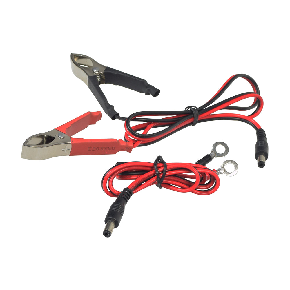 Close-up of a 12 Volt 1.5 Amp Maintainer Battery Trickle Charger for Scooters, ATVs, & Dirt Bikes, featuring red and black jumper cables with clamps.