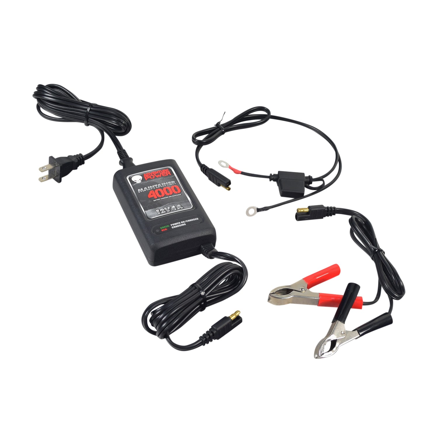 12 Volt 4.0 Amp Maintainer 4000 Battery Trickle Charger for Scooters, ATVs, & Dirt Bikes shown with wires, clamps, and LED indicators for charging stages.