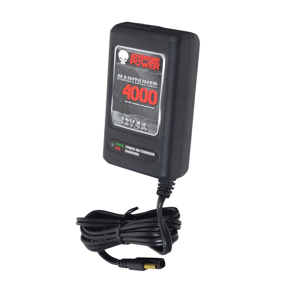 12 Volt 4.0 Amp Maintainer 4000 Battery Trickle Charger for Scooters, ATVs, & Dirt Bikes with LED indicators and quick disconnect connector, showing close-up of black charger with attached cord.