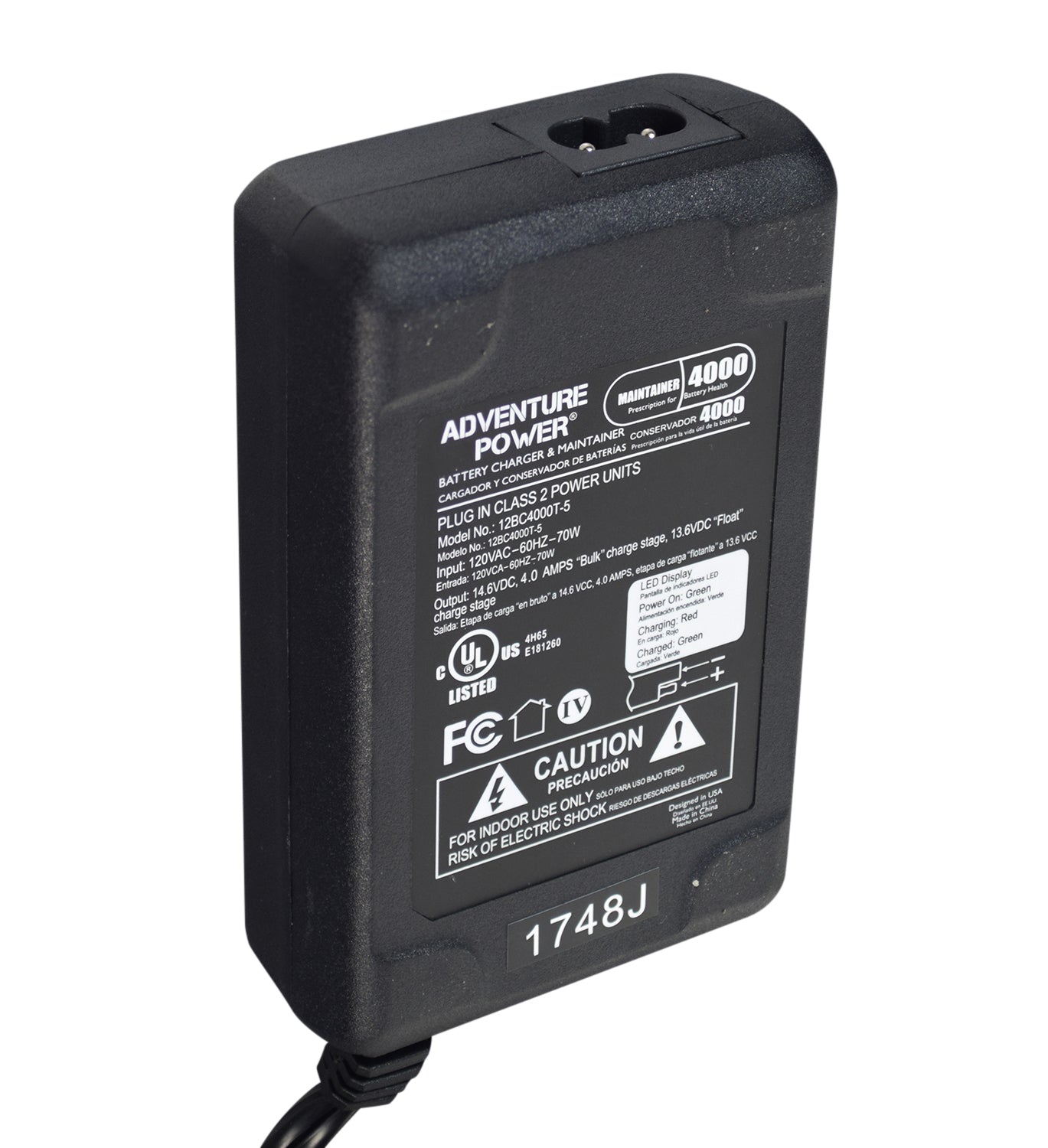 12 Volt 4.0 Amp Maintainer 4000 Battery Trickle Charger for Scooters, ATVs, & Dirt Bikes, showing close-up details of the black power supply, cord, LED indicators, and quick disconnect connector.