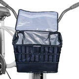 Insulated Basket Bag for Bicycles, E-Bikes, & Scooters fits inside a handlebar mount basket, featuring a zippered lid and high-quality ripstop polyester fabric, perfect for keeping items secure and insulated.