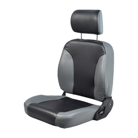 20 Seat Assembly with Headrest for the C.T.M. HS-580, featuring black and grey vinyl upholstery, perforated leather headrest, and seat belt, ideal for replacing worn or missing mobility scooter seats.