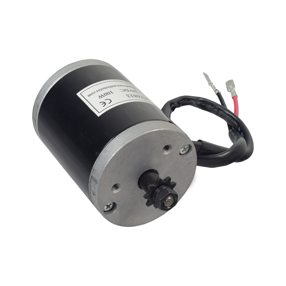 24 Volt 100 Watt Motor, Controller, and Throttle Kit featuring a black and silver electric motor with a chain sprocket and attached black cord, suitable for various electric scooter applications.