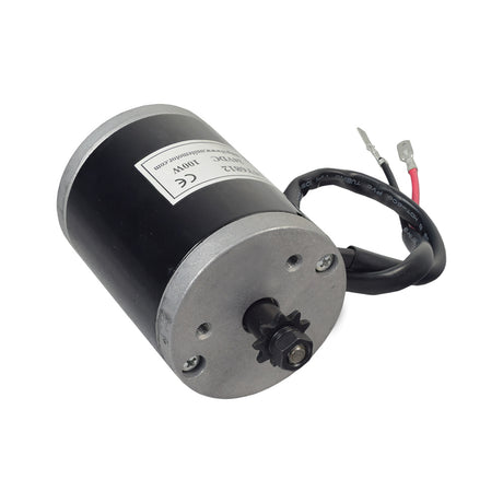 24 Volt 100 Watt MY6812 Electric Motor with 9 Tooth #25 Chain Sprocket (Blemished) featuring a black and silver cylindrical design, attached black cord, and visible red and black electrical wires.