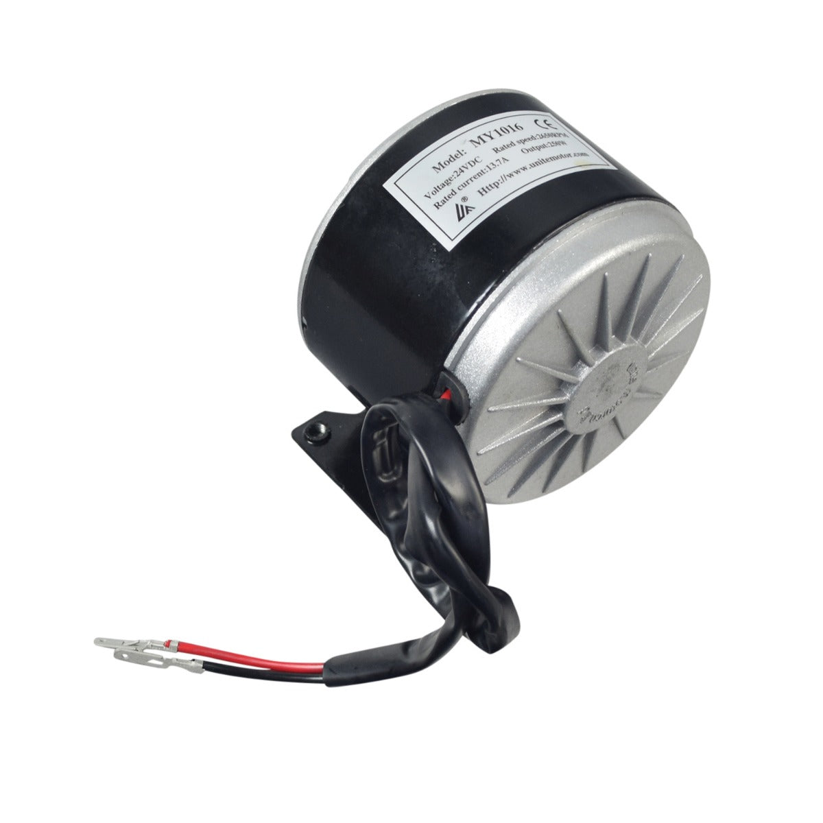 24 Volt 250 Watt MY1016 Electric Motor with 11 Tooth #25 Chain Sprocket for Razor Ground Force and Ground Force Drifter Go-Kart, featuring a compact round design and black wires.