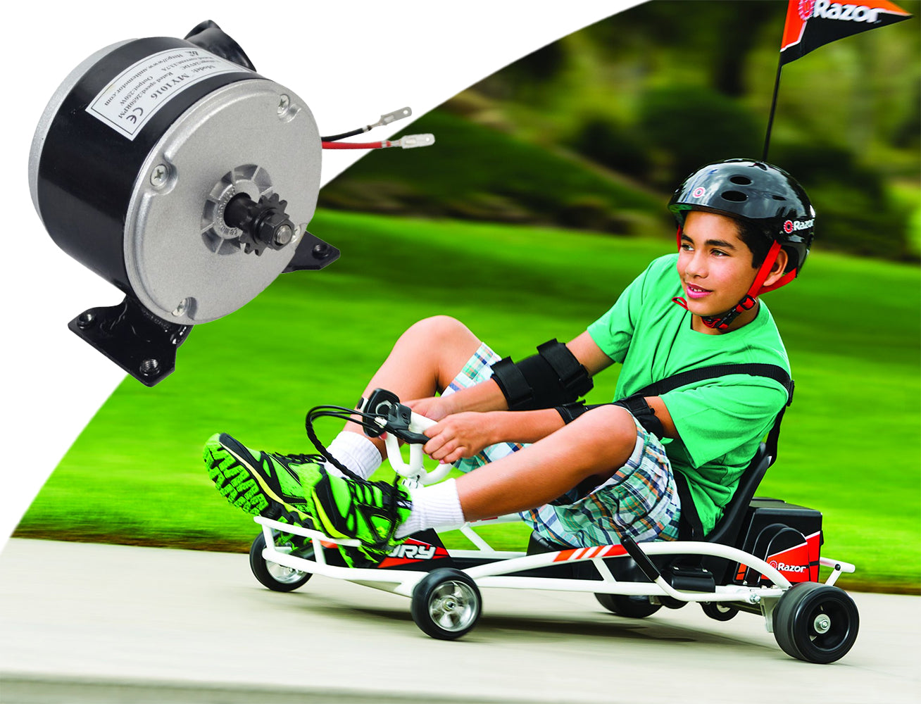 Boy sitting in a go-kart, showcasing a 24 Volt 250 Watt MY1016 Electric Motor with 11 Tooth #25 Chain Sprocket visible near the wheel.