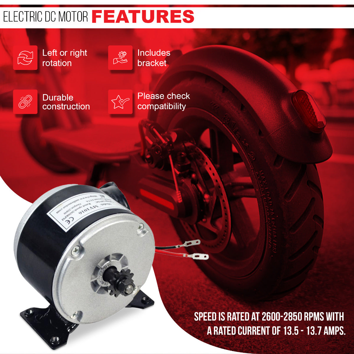 24 Volt 250 Watt MY1016 Electric Motor with 11 Tooth #25 Chain Sprocket, featuring a black and silver body and round wheel, suitable for Razor and Dynacraft scooters.