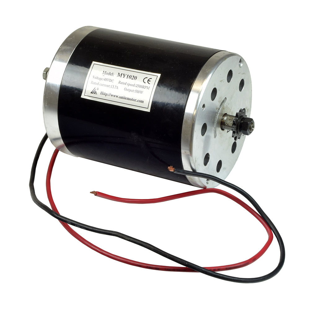 48 Volt 500 Watt Motor, Controller, & Throttle Kit for scooters & bikes featuring a black and silver electric motor with red wires, and close-ups of a gear and a label.