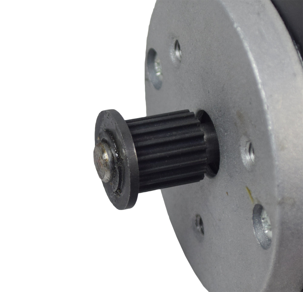 Close-up of a 24 Volt Electric Motor with 3M Belt Sprocket for the Surge Electric Skateboard, showcasing a metal gear with a black plastic pinion.