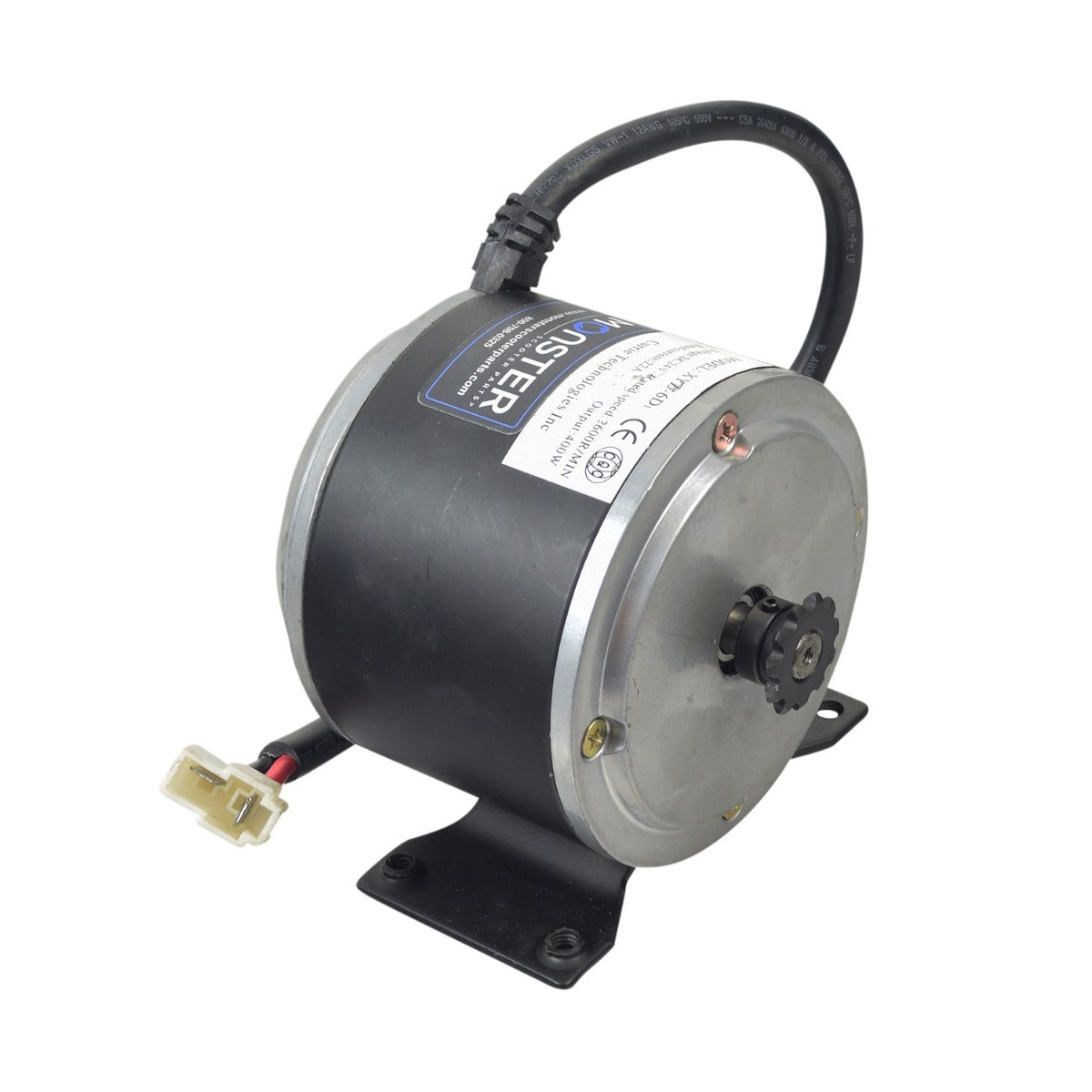 24 Volt 400 Watt XYD-6D Electric Motor with 11 Tooth #25 Chain Sprocket and Mounting Bracket, featuring a black and silver design, close-up label, and universal mounting bracket for various 24V electric scooters.