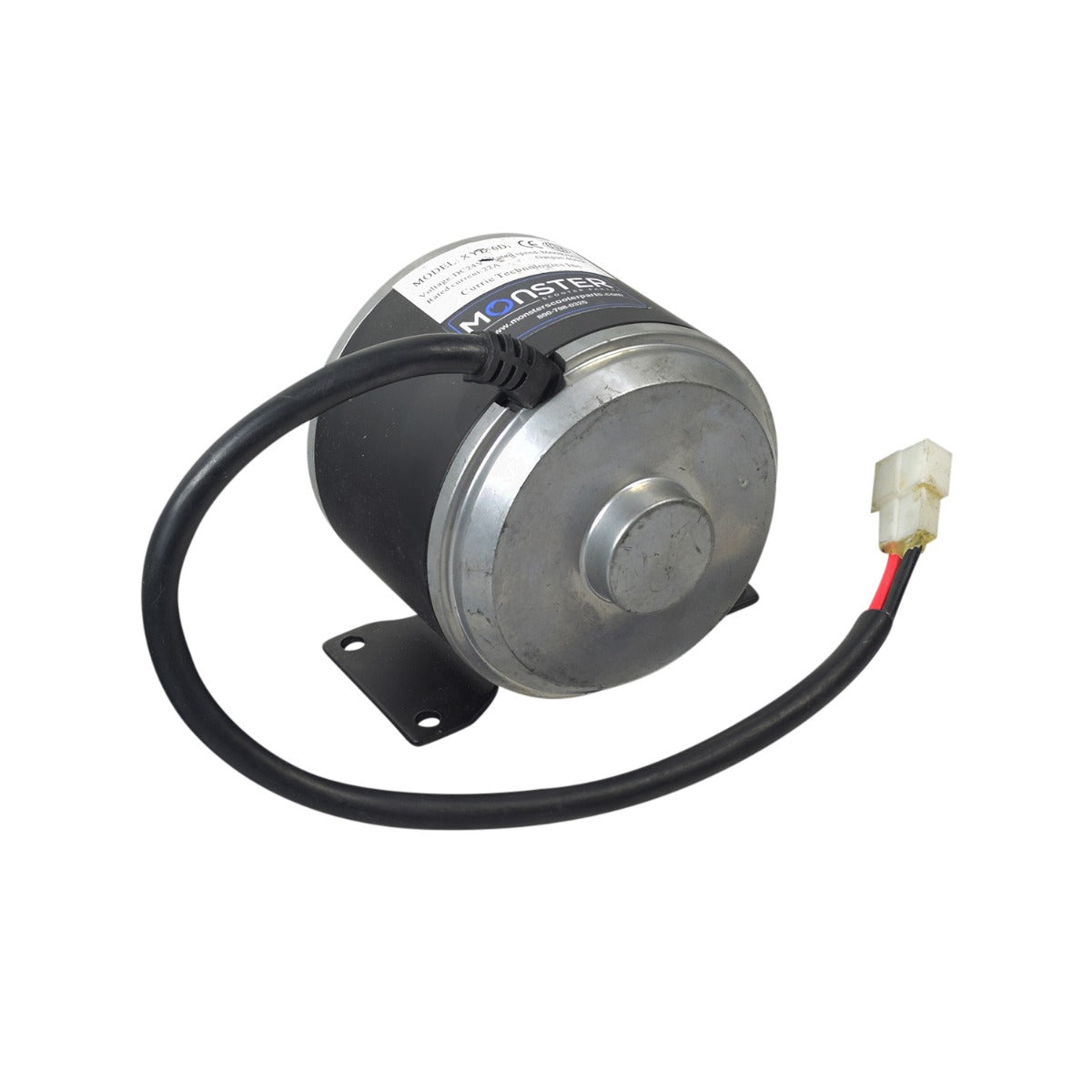 24 Volt 400 Watt XYD-6D Electric Motor with 11 Tooth #25 Chain Sprocket and Mounting Bracket, featuring a black and silver round body and a black cable.