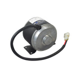 24 Volt 400 Watt XYD-6D Electric Motor with 11 Tooth #25 Chain Sprocket and Mounting Bracket, featuring a black and silver round body and a black cable.