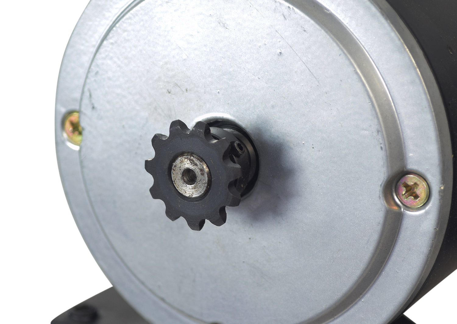 Close-up of the 24 Volt 400 Watt XYD-6D Electric Motor with 11 Tooth #25 Chain Sprocket and Mounting Bracket, displaying the gear and metal components essential for electric scooters.