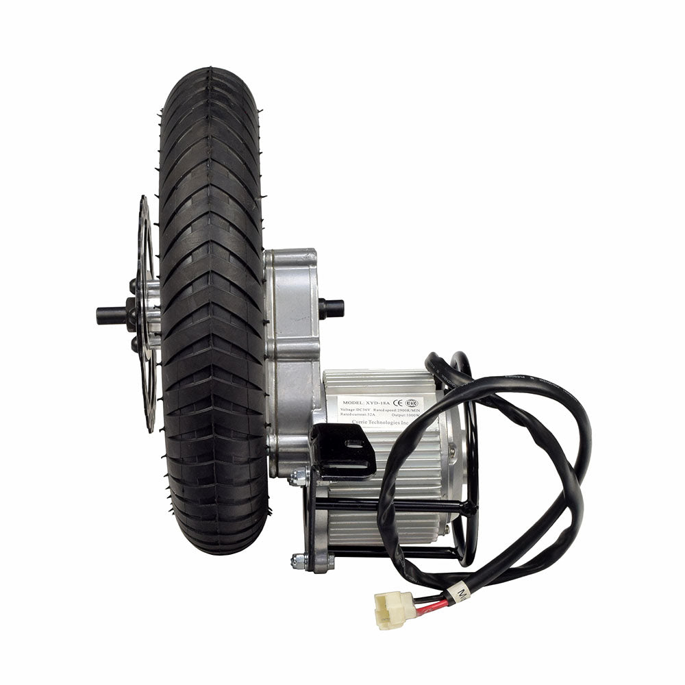 36 Volt 1000 Watt Direct Drive Electric Motor & Rear Wheel Assembly with Mounting Bracket featuring a black tire, chrome 5-star rim, bearings, axle, and tube; designed for Schwinn & IZIP electric scooters.