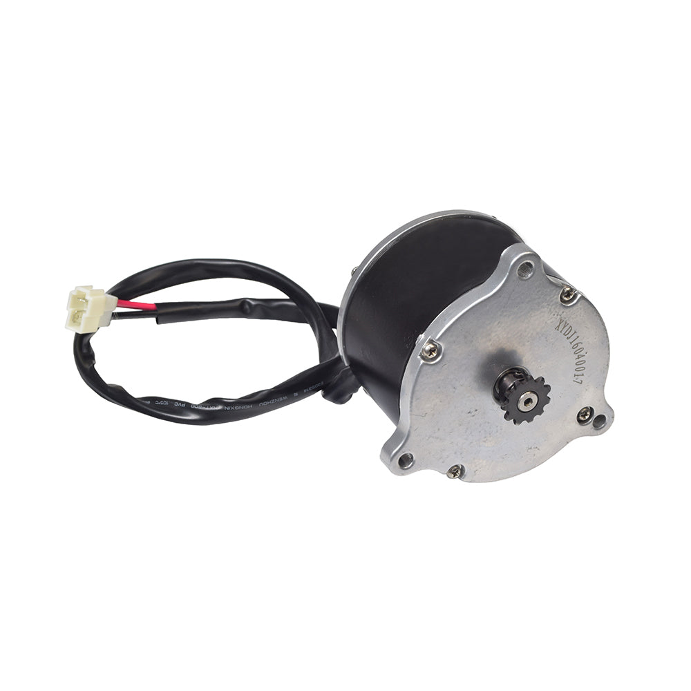 24 Volt 900 Watt Motor, Controller, & Throttle Kit featuring a small electric motor with attached black and red wires, suitable for electric scooters, custom bicycles, and go-karts.