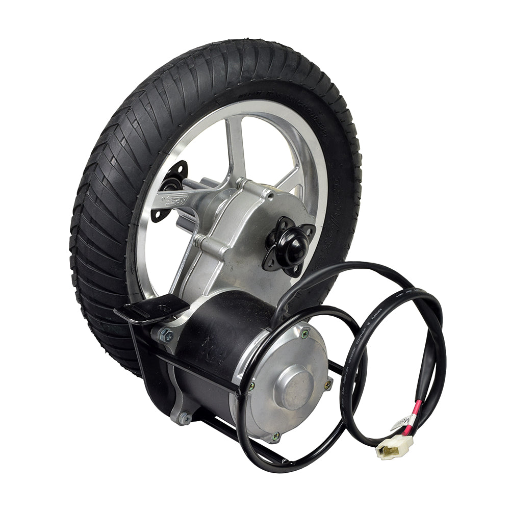 24 Volt 450 Watt Direct Drive Electric Motor & Rear Wheel Assembly featuring a mounted wheel with visible motor and black electrical wire, designed for efficient and reliable scooter performance without a chain.