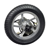 24 Volt 450 Watt Direct Drive Electric Motor & Rear Wheel Assembly featuring a close-up view of the tire, rim, and hubcap, highlighting the efficient and quiet motor integrated within the wheel.