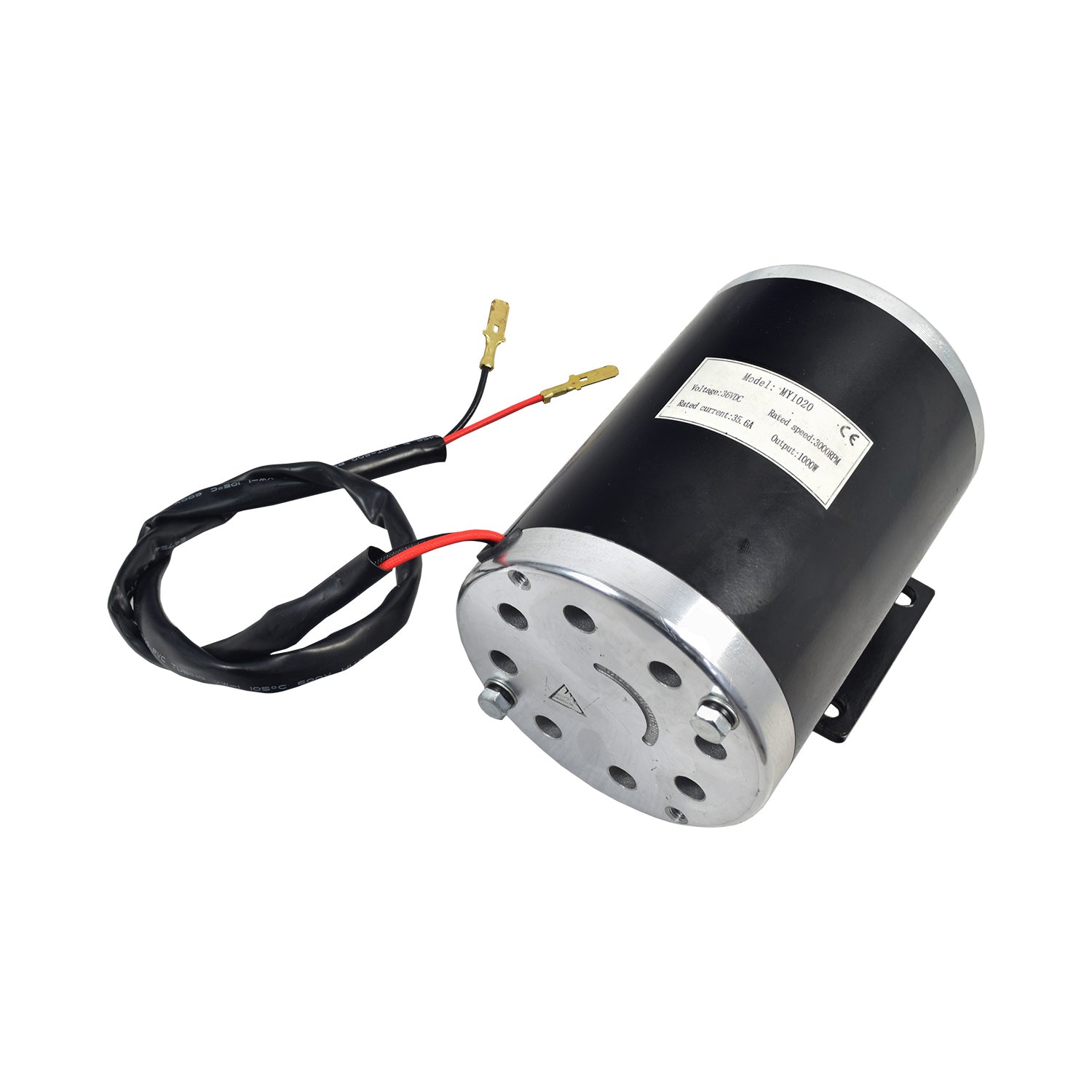 36 Volt 1000 Watt Motor, Controller, & Throttle Kit for Scooters, Bikes, & Go-Karts, featuring a black and silver electric motor with red wires and mounting bracket.