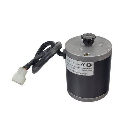 24 Volt 200 Watt XYD-15A Electric Motor with 11 Tooth #25 Chain Sprocket, featuring a small black and silver body, a black cable, a label, and a white square connector.