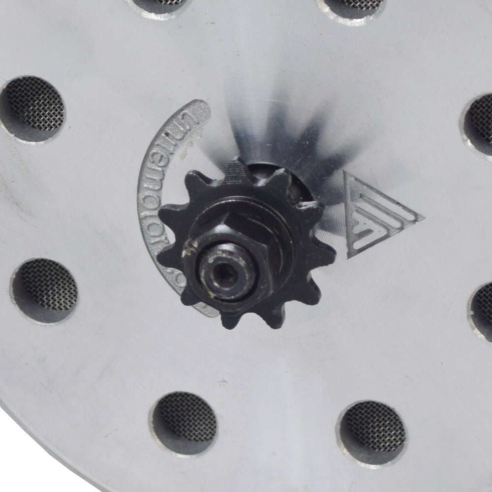 Close-up of the 36 Volt 600 Watt MY1020 Electric Motor with 11 Tooth #25 Chain Sprocket, showcasing intricate gear details. Suitable for scooters, ATVs, dirt bikes, and go-karts.