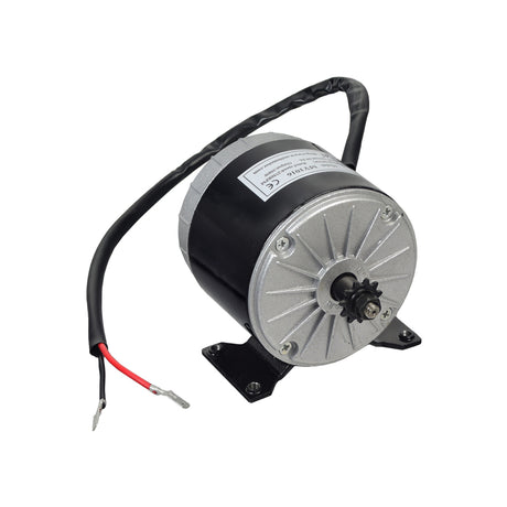 24 Volt 350 Watt Electric Motor with 11 Tooth #25 Chain Sprocket for the Hyper HPR 350 Electric Motorcycle, featuring black and silver casing, black wires, and a visible label.