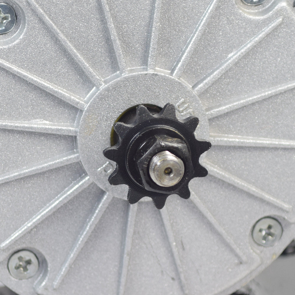 Close-up of the 24 Volt 350 Watt MY1016 Electric Motor with 11 Tooth #25 Chain Sprocket, showcasing metal gear and screws, designed for electric scooters, ATVs, dirt bikes, and go-karts.