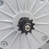 Close-up of the 24 Volt 350 Watt MY1016 Electric Motor with 11 Tooth #25 Chain Sprocket for the Razor Dune Buggy, highlighting its metal components and a visible screw part.