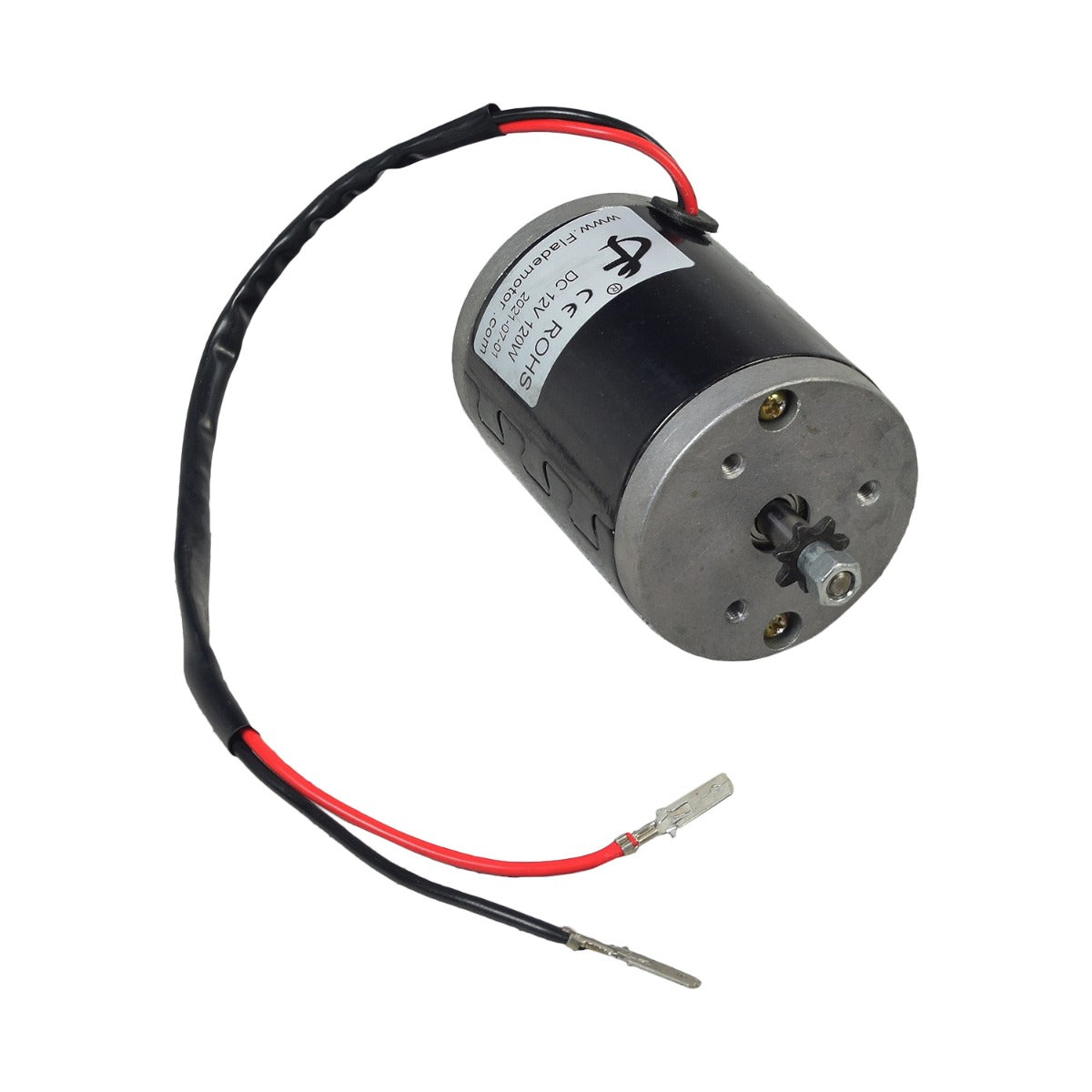 12 Volt 120 Watt Electric Motor with 7 Tooth #25 Chain Sprocket for Rollplay Nighthawk, featuring red and black wires and a spade end connection.