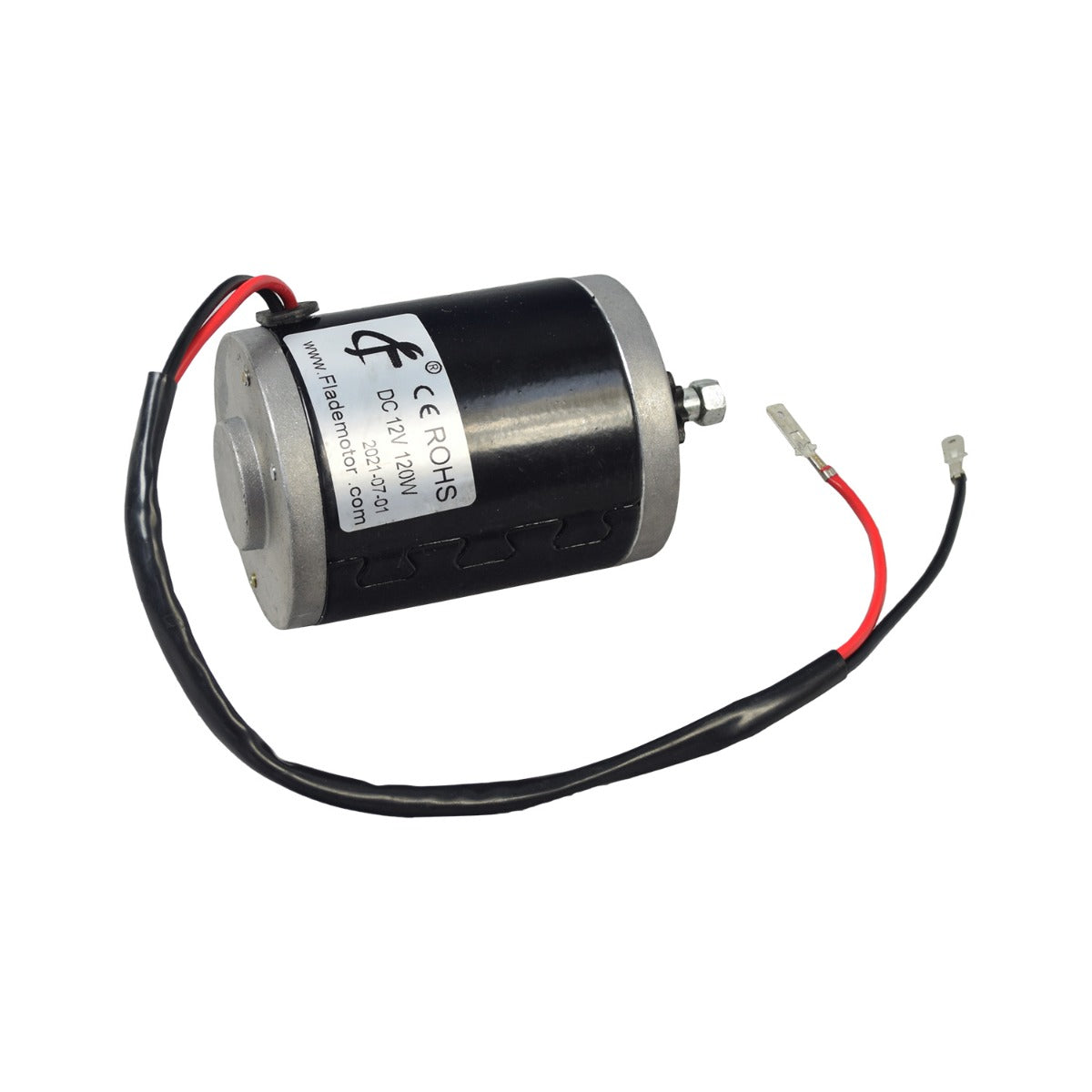 12 Volt 120 Watt Electric Motor with 7 Tooth #25 Chain Sprocket for the Rollplay Nighthawk, featuring spade end wires and a white label on its black surface.