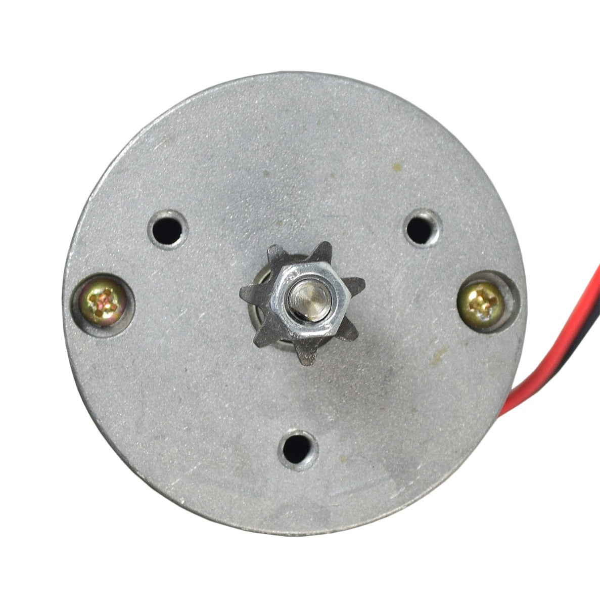 12 Volt 120 Watt Electric Motor with 7 Tooth #25 Chain Sprocket for the Rollplay Nighthawk, featuring a small round metal body, screw, and visible red wire.