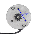 12 Volt 100 Watt MY6812B-12 Electric Motor with 9 Tooth #25 Chain Sprocket for the Razor E90 Accelerator, featuring a circular metal design and visible black wiring.