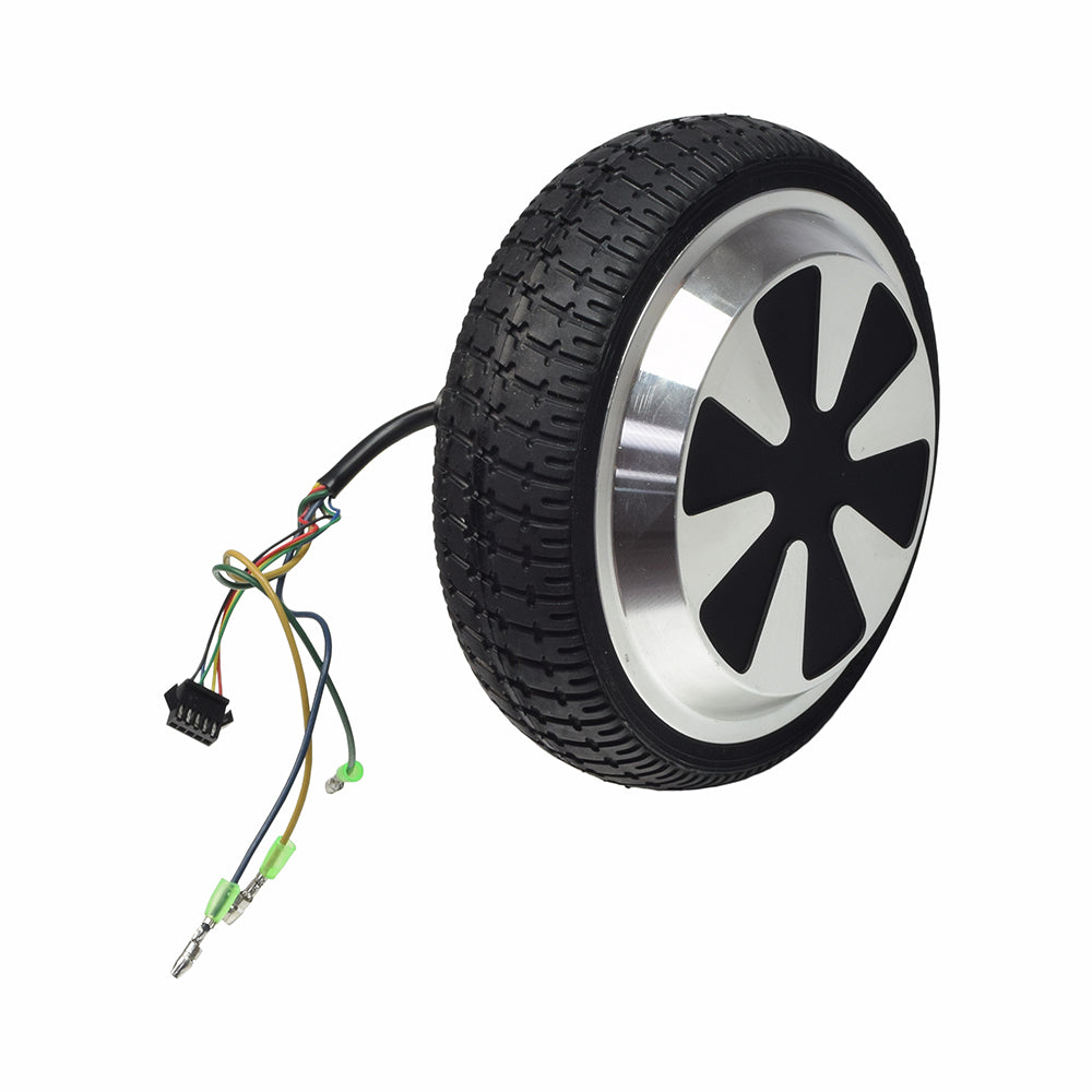 Hub Motor for Self Balancing Hoverboards with 6.5 Tires, featuring a wheel with wires and a black tire, designed for easy repairs and compatibility with various hoverboard brands and models.