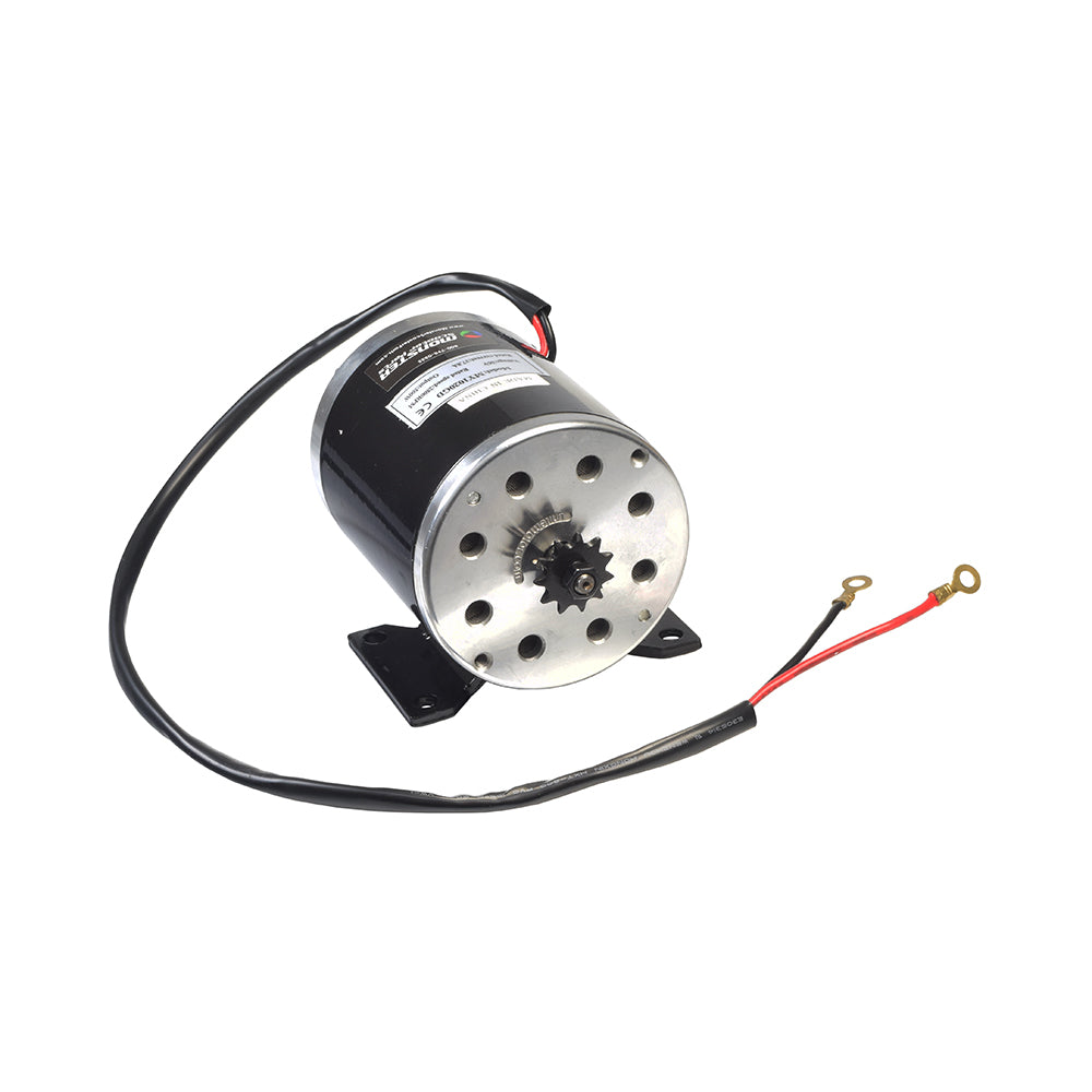 36 Volt 500 Watt MY1020 Electric Motor with 11 Tooth 8mm 05T Chain Sprocket & Bracket, featuring a black and silver design and attached wire. Ideal for scooters, bikes, and go-karts.