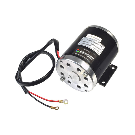 36 Volt 500 Watt MY1020 Electric Motor with 11 Tooth 8mm 05T Chain Sprocket & Bracket, featuring black and silver design with visible black wires, ideal for scooters, bikes, and go-karts.