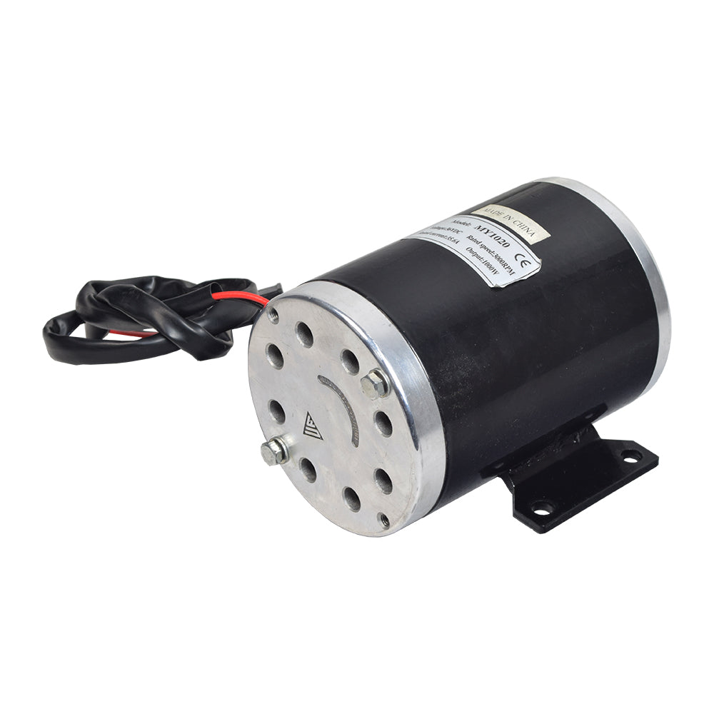 36 Volt 1000 Watt MY1020 Electric Motor with 10 Tooth #35 Chain Sprocket for Scooters, Bikes, & Go-Karts, featuring a black and silver metal casing, black tube with wires, and a visible label.