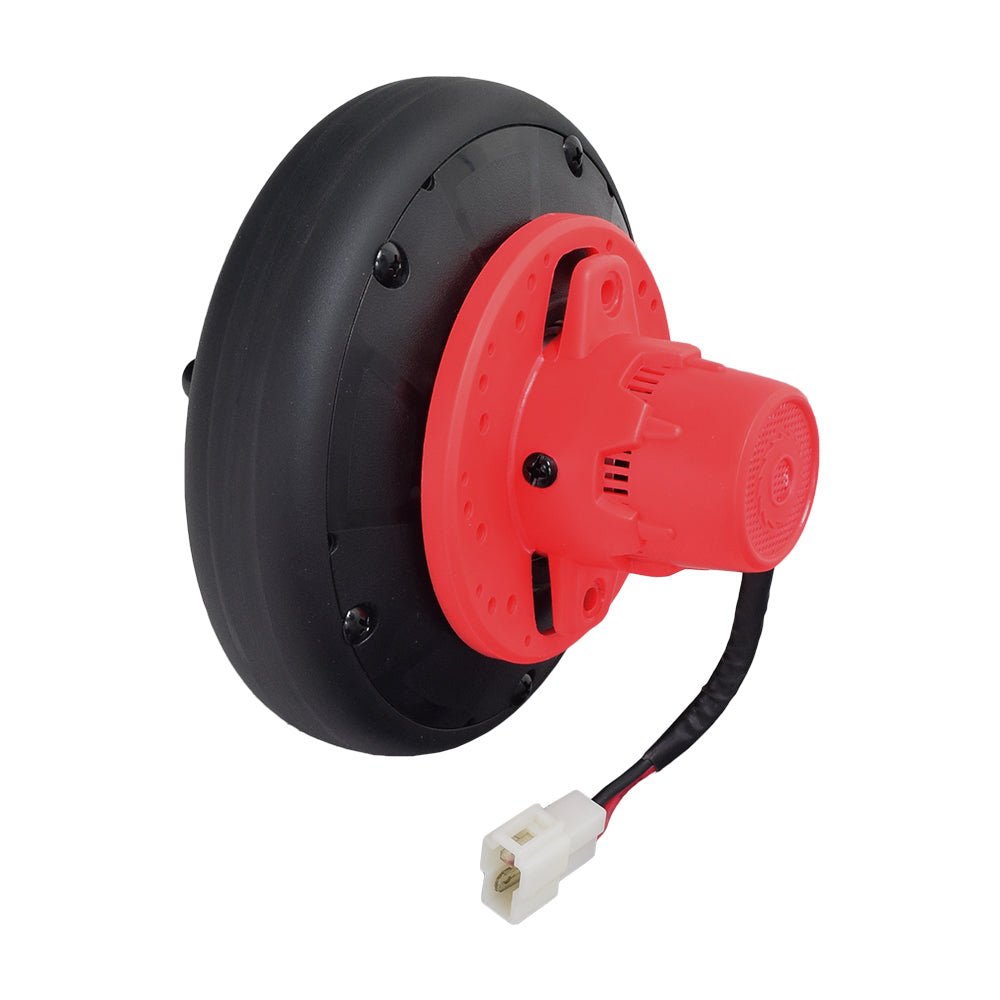 100 Watt Hub Motor Wheel Assembly for the Razor Drift Rider, featuring a treadless tire molded into the hub with visible electrical wires and plug, highlighting its compact, lightweight design.