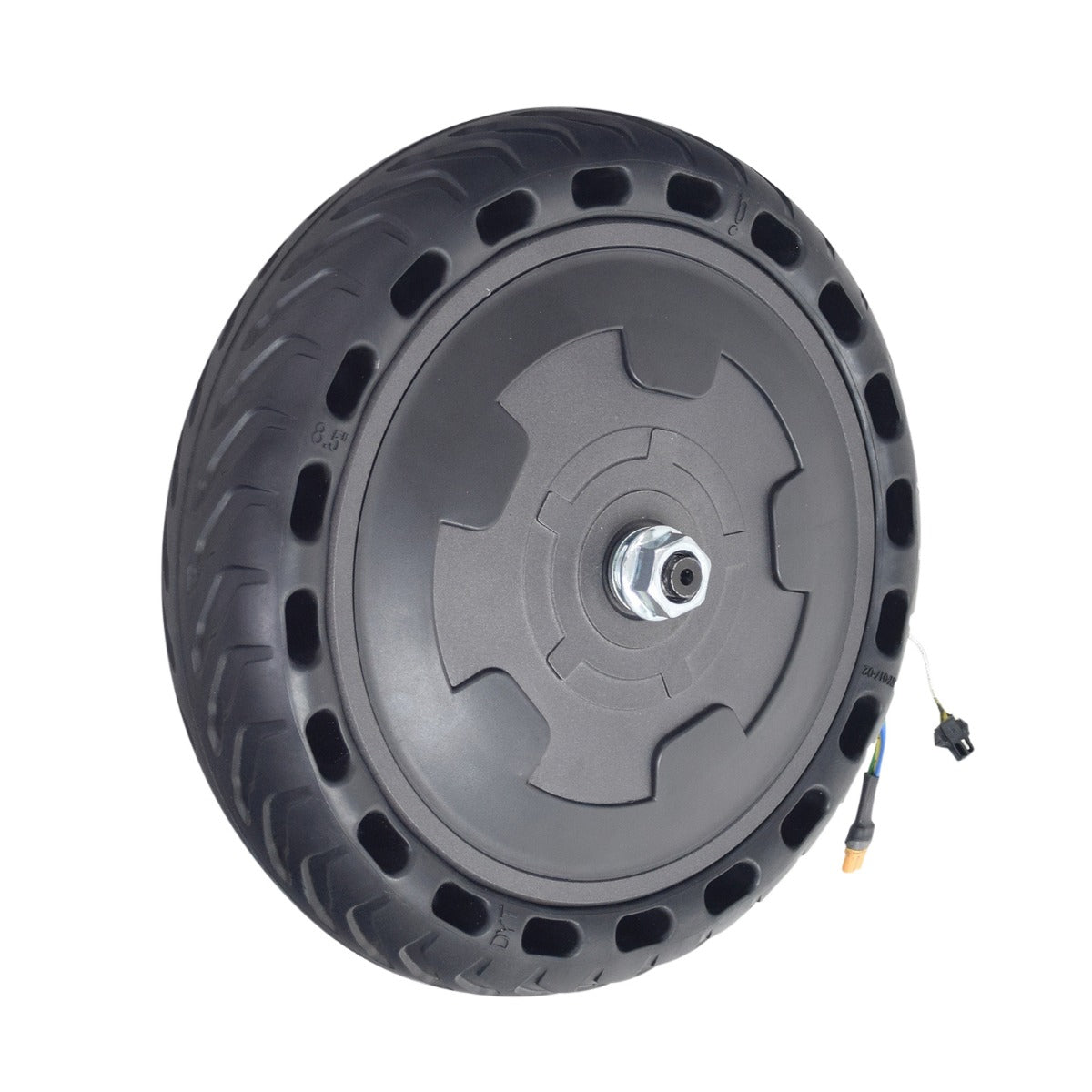 Hub Motor & Front Wheel Assembly for the Razor T25 Electric Scooter, featuring a solid tire, hub motor, front axle, and hardware, all pre-assembled for easy replacement.