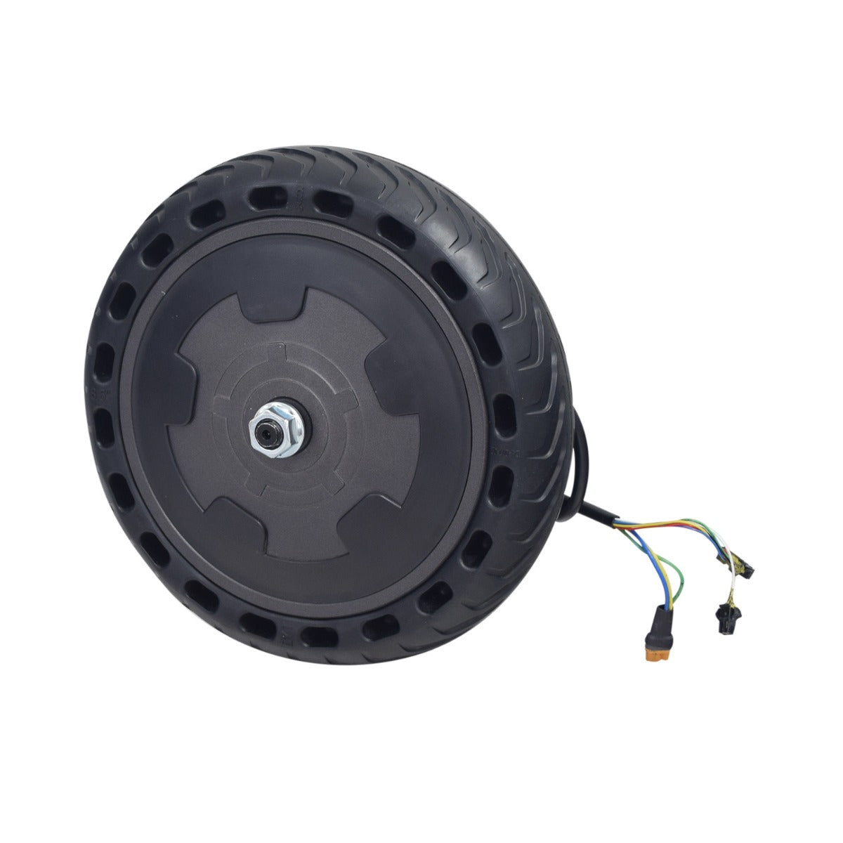 Hub Motor & Front Wheel Assembly for the Razor T25 Electric Scooter, featuring a black wheel with integrated wires, hub motor, and pre-assembled components including harness, axle, and hardware for easy replacement.