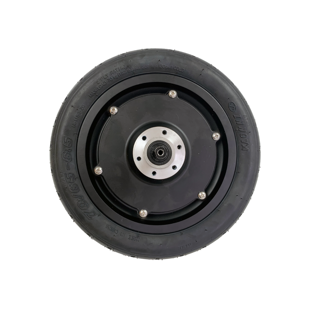 450W Rear Wheel Hub Motor for the Hover-1 Alpha Folding Electric Scooter, featuring a black wheel with a silver rim, showcasing a close-up of the integrated, self-contained drive system.