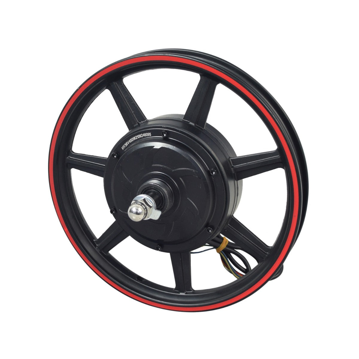 Rear Wheel Hub Motor for the Gyroor C3 Electric Bike featuring a 14 7-spoke black wheel with a red rim.