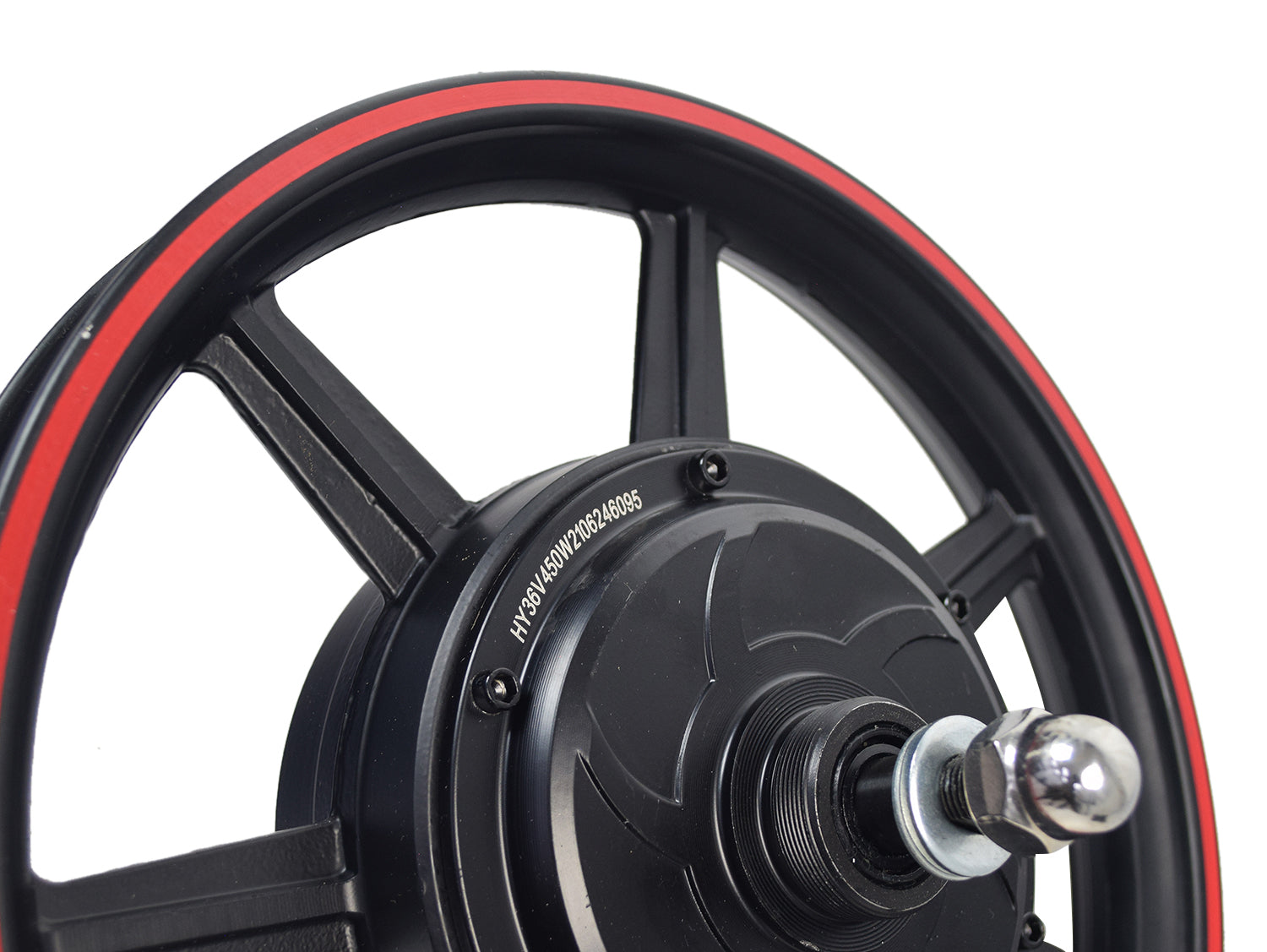 Close-up of the Rear Wheel Hub Motor for the Gyroor C3 Electric Bike, featuring a black wheel with a red rim and visible axle, crown nuts, and an 8-wire harness.