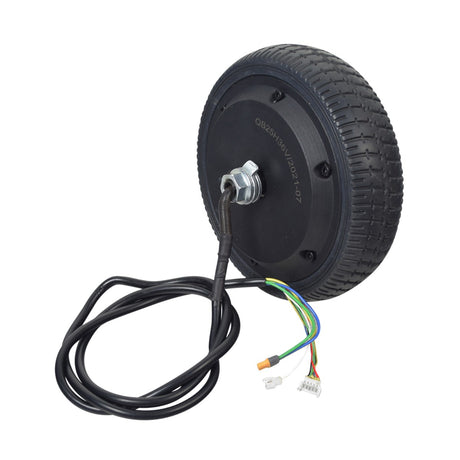 Hub Motor & Front Wheel Assembly for the Hover-1 Eagle Electric Scooter, featuring a 320-watt hub motor, solid urethane 6.5 tire with shallow grooves, and attached wiring for easy installation.