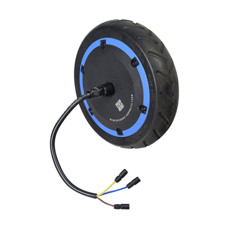 150 Watt Hub Motor & 6 Rear Wheel Assembly for the Ninebot ZING E10 eKickScooter, featuring a black wheel with wires and a cable connected, showcasing the electric brushless hub motor and flat-free rubber tire.